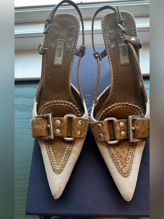 Prada Shoes - Vintage Prada Beige Canvas Pointed Toe Buckle Slingback Heels